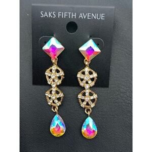 New Saks Fifth Avenue Aurora Borealis Clear Rhinestone Dangle Pierced Earrings